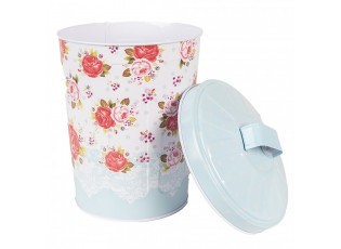 Modrý kovový box s víkem a květy růží Rossai - Ø 15*20 cm
