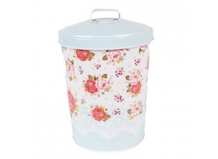 Modrý kovový box s víkem a květy růží Rossai - Ø 15*20 cm