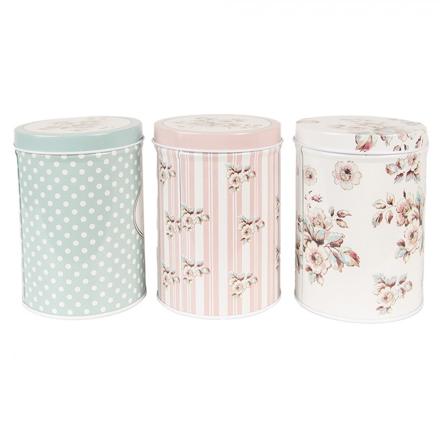 3ks plechová dóza s víkem a květy Tea Sugar Coffee - Ø 8*12 cm Clayre & Eef 3ks plechová dóza s víkem a květy Tea Sugar Coffee - Ø 8*12 cm Clayre & Eef