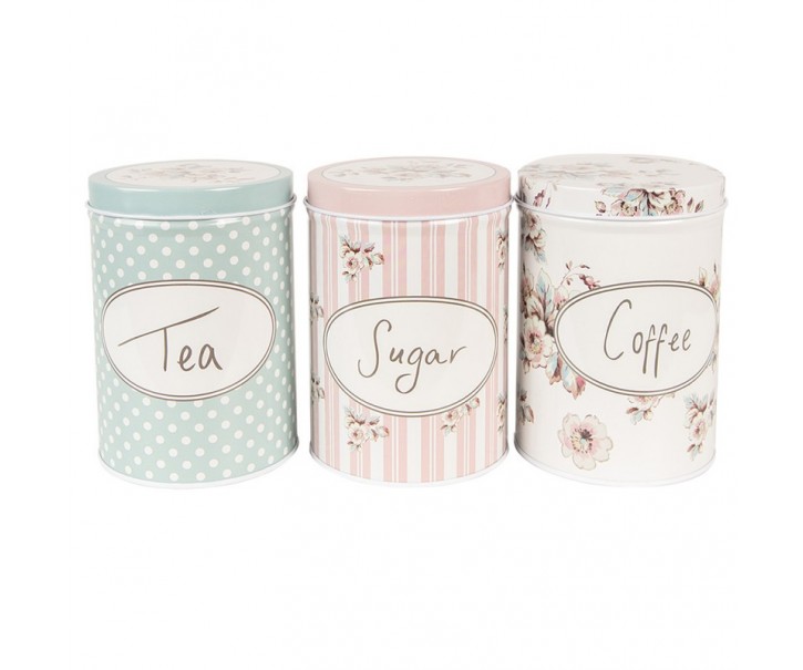 3ks plechová dóza s víkem a květy Tea Sugar Coffee - Ø 8*12 cm Clayre & Eef