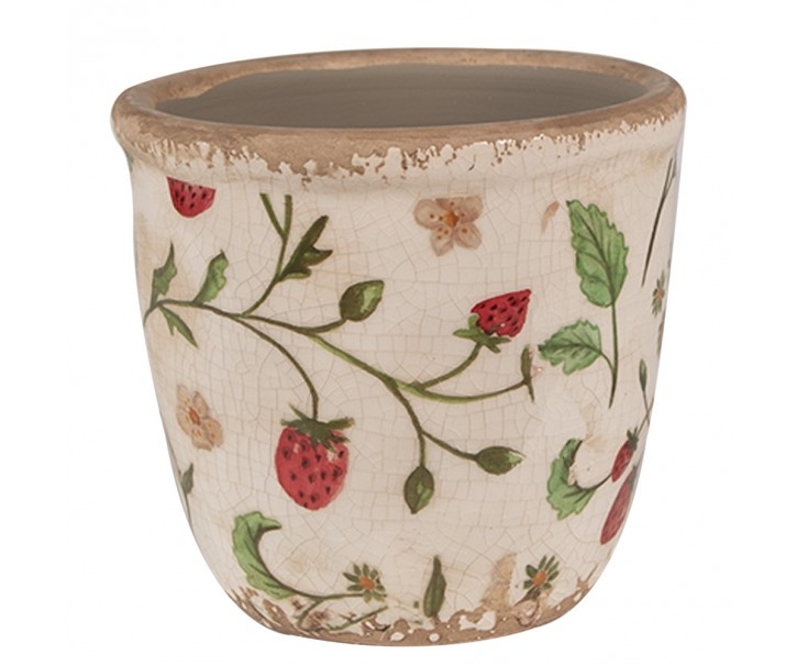 Béžový keramický obal na květináč s jahůdkami Wild Strawberries XS - Ø 11*10 cm Clayre & Eef