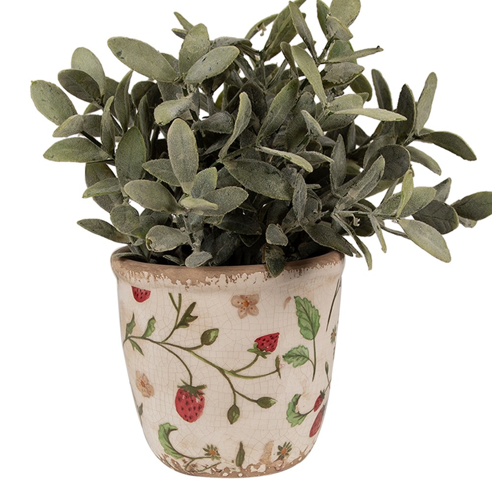Béžový keramický obal na květináč s jahůdkami Wild Strawberries XS - Ø 11*10 cm Clayre & Eef Béžový keramický obal na květináč s jahůdkami Wild Strawberries XS - Ø 11*10 cm Clayre & Eef