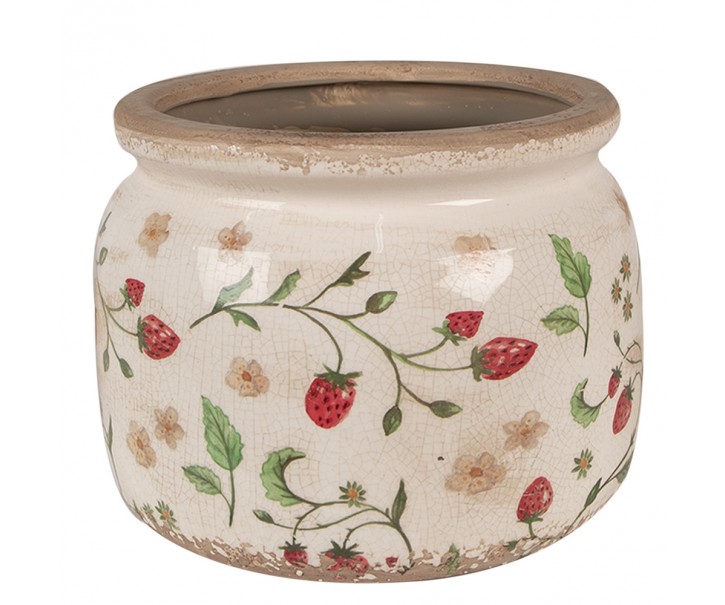 Béžový keramický obal na květináč s jahůdkami Wild Strawberries L - Ø 20*15 cm Clayre & Eef