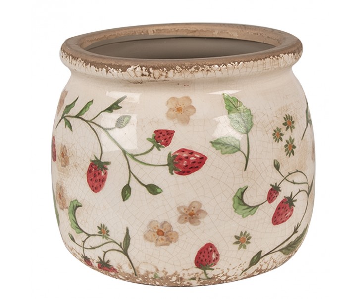 Béžový keramický obal na květináč s jahůdkami Wild Strawberries M - Ø 16*13 cm Clayre & Eef