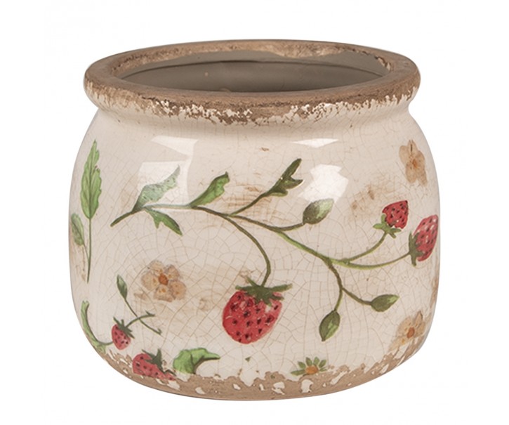 Béžový keramický obal na květináč s jahůdkami Wild Strawberries S - Ø 12*10 cm Clayre & Eef