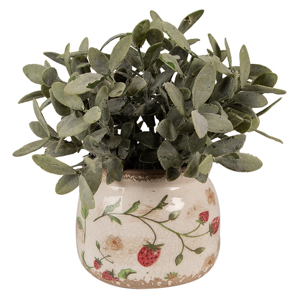 Béžový keramický obal na květináč s jahůdkami Wild Strawberries S - Ø 12*10 cm Clayre & Eef Béžový keramický obal na květináč s jahůdkami Wild Strawberries S - Ø 12*10 cm Clayre & Eef