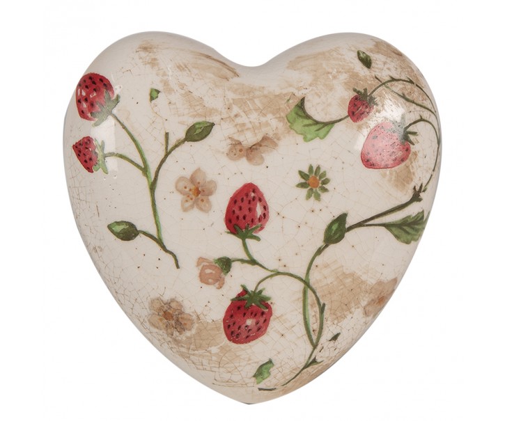 Béžová antik dekorace srdce s jahůdkami Wild Strawberries - 11*11*4 cm Clayre & Eef