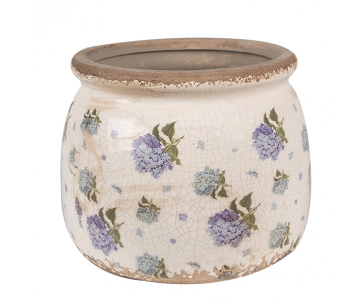 Béžový keramický obal na květináč s květy hortenzie Lilla M - Ø 16*13 cm Clayre & Eef