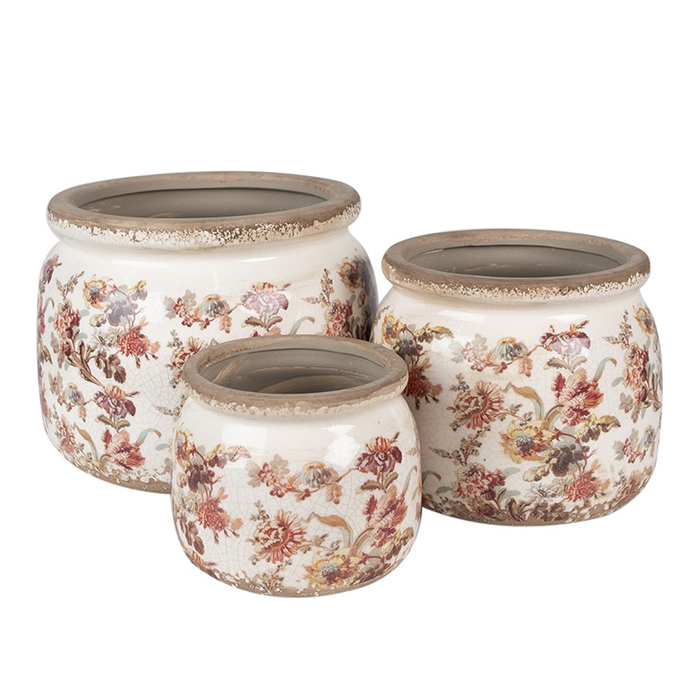 Béžový keramický obal na květináč s květy Flovia L - Ø 20*15 cm Clayre & Eef Béžový keramický obal na květináč s květy Flovia L - Ø 20*15 cm Clayre & Eef