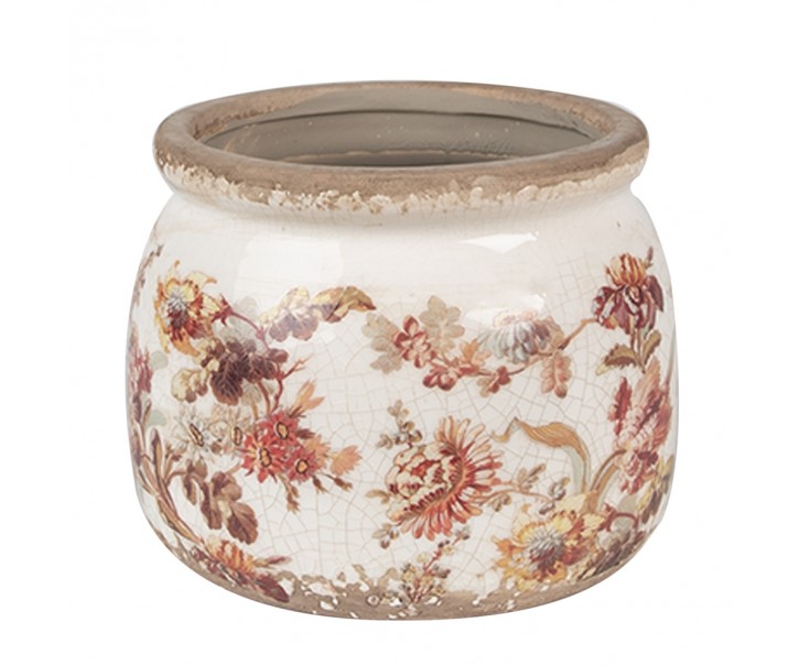 Béžový keramický obal na květináč s květy Flovia M - Ø 12*10 cm Clayre & Eef