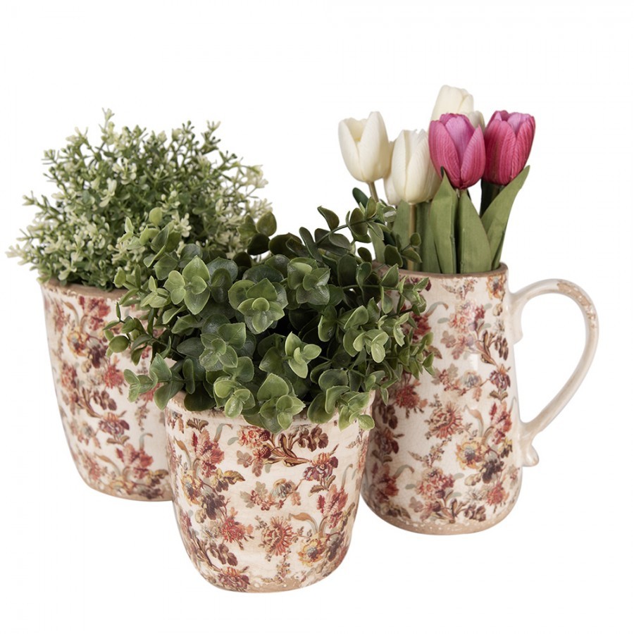 Béžový keramický obal na květináč s květy Flovia XS - Ø 11*11 cm Clayre & Eef Béžový keramický obal na květináč s květy Flovia XS - Ø 11*11 cm Clayre & Eef
