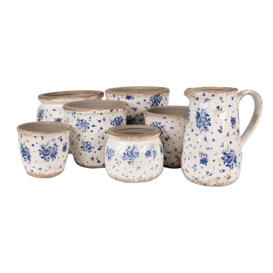 Béžový keramický obal na květináč s modrými růžemi Blue Rose S - Ø 12*10 cm Clayre & Eef Béžový keramický obal na květináč s modrými růžemi Blue Rose S - Ø 12*10 cm Clayre & Eef