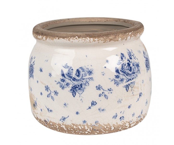 Béžový keramický obal na květináč s modrými růžemi Blue Rose - Ø 12*10 cm Clayre & Eef