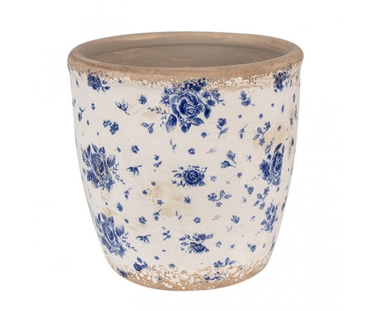 Béžový keramický obal na květináč s modrými růžemi Blue Rose - Ø 16*16 cm Clayre & Eef