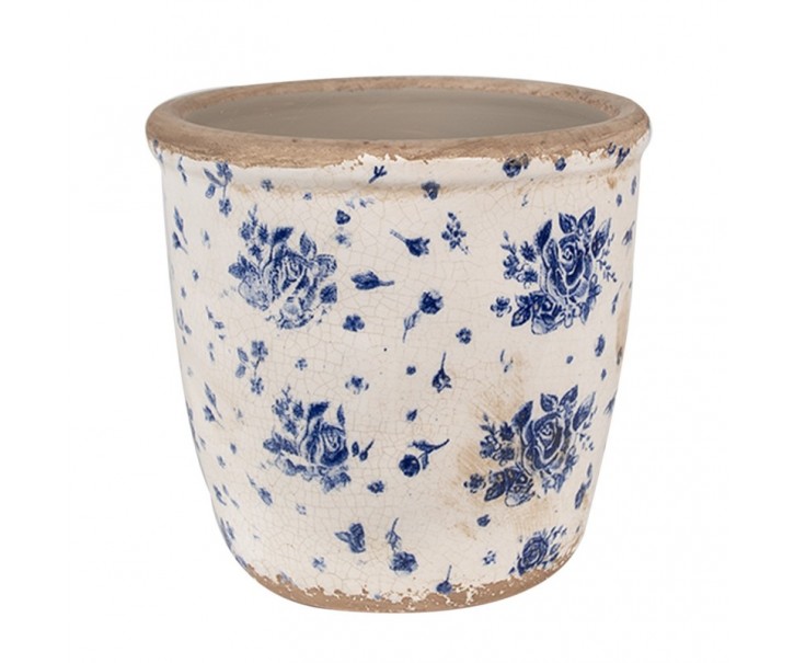 Béžový keramický obal na květináč s modrými růžemi Blue Rose M - Ø 14*13 cm Clayre & Eef
