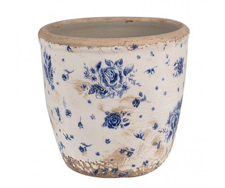 Béžový keramický obal na květináč s modrými růžemi Blue Rose S - Ø 13*12 cm Clayre & Eef