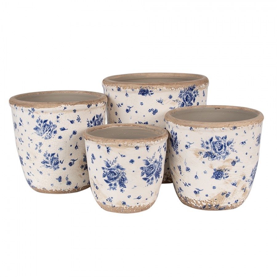 Béžový keramický obal na květináč s modrými růžemi Blue Rose XS - Ø 11*10 cm Clayre & Eef Béžový keramický obal na květináč s modrými růžemi Blue Rose XS - Ø 11*10 cm Clayre & Eef