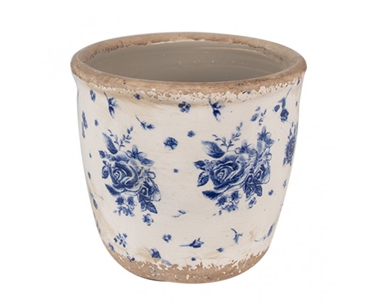 Béžový keramický obal na květináč s modrými růžemi Blue Rose XS - Ø 11*10 cm Clayre & Eef