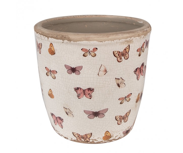 Béžový antik obal na květináč s motýlky Butterfly Paradise L - Ø 16*16 cm Clayre & Eef