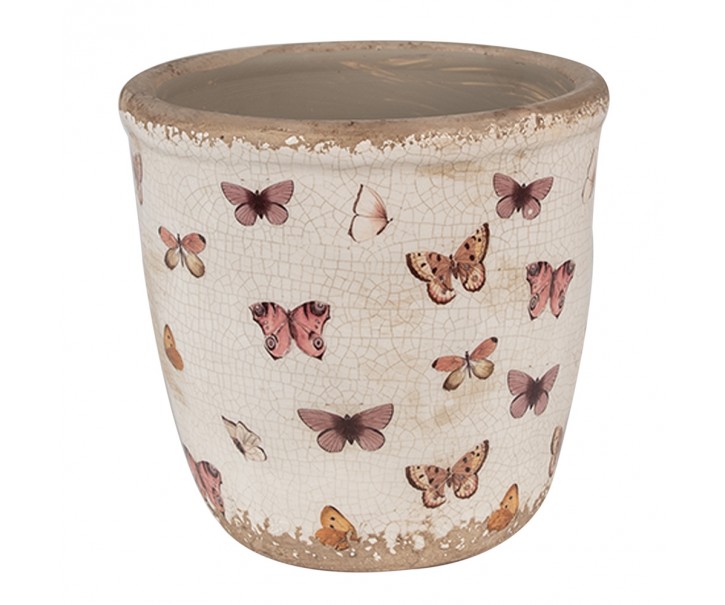 Béžový antik obal na květináč s motýlky Butterfly Paradise M - Ø 15*14 cm Clayre & Eef