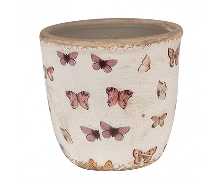 Béžový antik obal na květináč s motýlky Butterfly Paradise S - Ø 13*12 cm Clayre & Eef