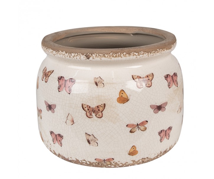 Béžový antik obal na květináč s motýlky Butterfly Paradise L - Ø 20*15 cm Clayre & Eef