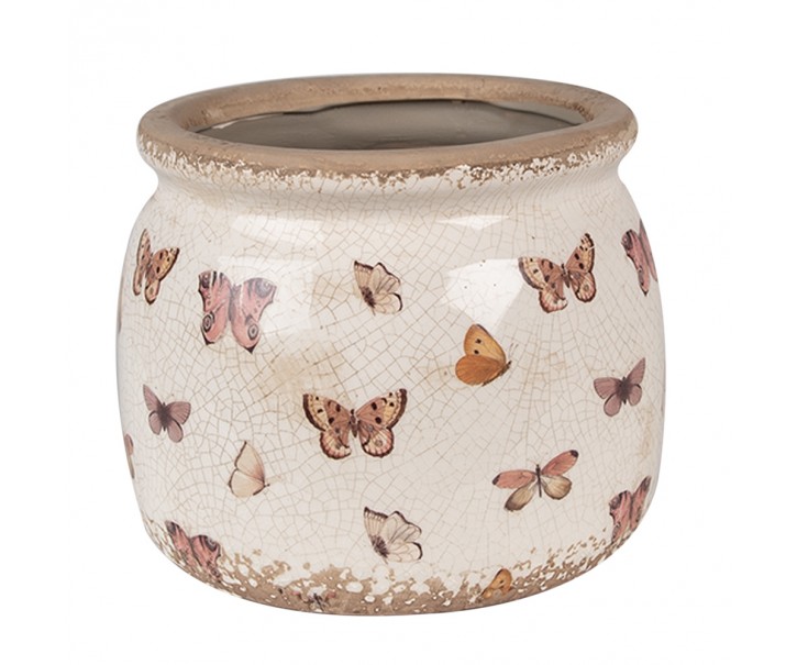 Béžový antik obal na květináč s motýlky Butterfly Paradise M - Ø 16*13 cm Clayre & Eef