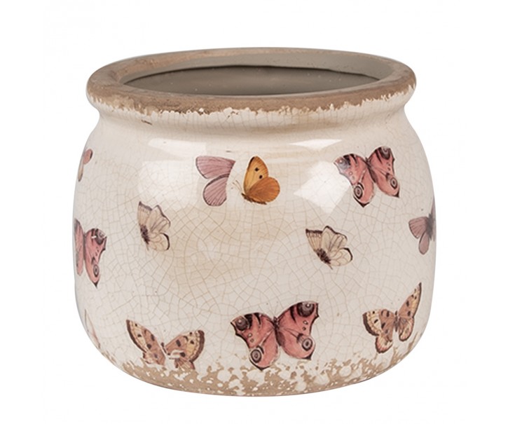 Béžový antik obal na květináč s motýlky Butterfly Paradise S - Ø 12*10 cm Clayre & Eef