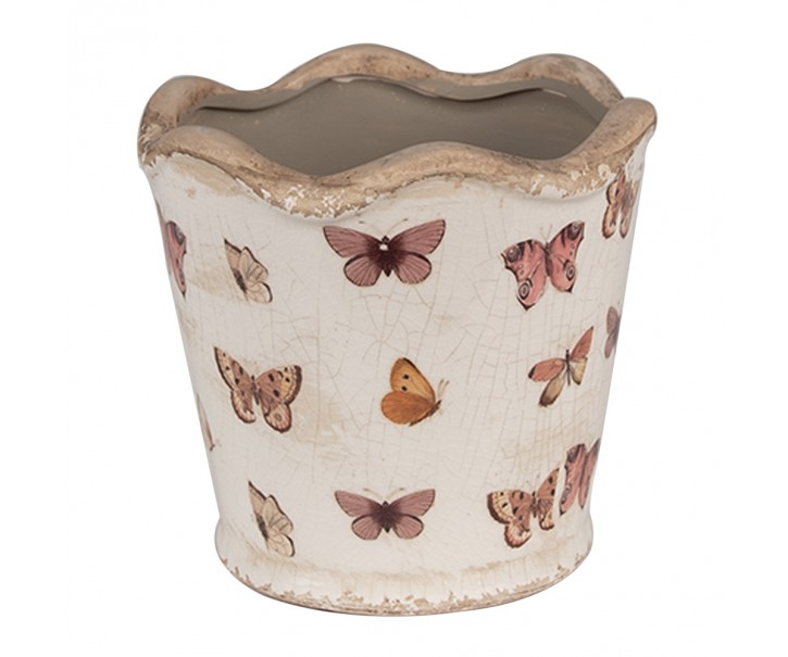 Béžový antik obal na květináč s motýlky Butterfly Paradise S - Ø 13*12 cm Clayre & Eef