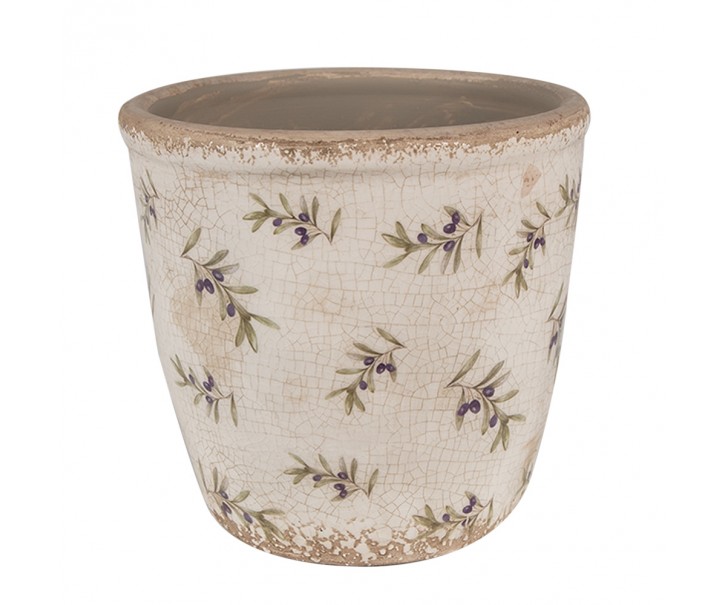 Béžový antik obal na květináč s olivami Olive Fields M - Ø 14*13 cm Clayre & Eef