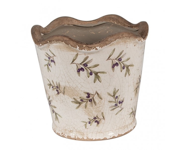 Béžový antik obal na květináč s olivami Olive Fields S - Ø 13*12 cm Clayre & Eef