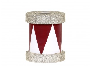 Červeno-bílý antik dřevěný svícen s glitry - 6*7cm