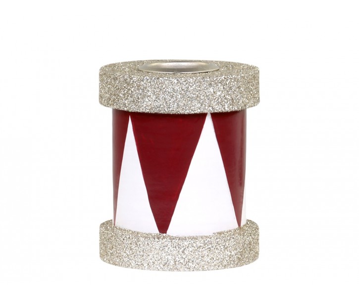 Červeno-bílý antik dřevěný svícen s glitry - 6*7cm Chic Antique