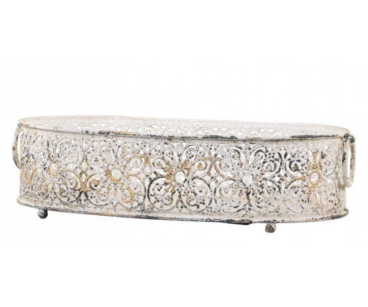 Krémový dekorační kovový podnos / svícen Lace - 17*9,5 cm Chic Antique