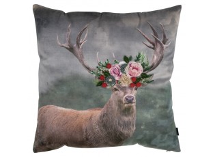 Šedý sametový polštář s jelenem a květy Fleury Deer - 45*45*10cm