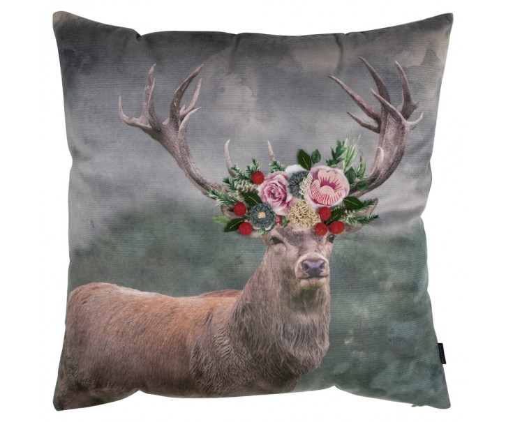 Šedý sametový polštář s jelenem Fleury Deer - 45*45*10cm Mars & More 