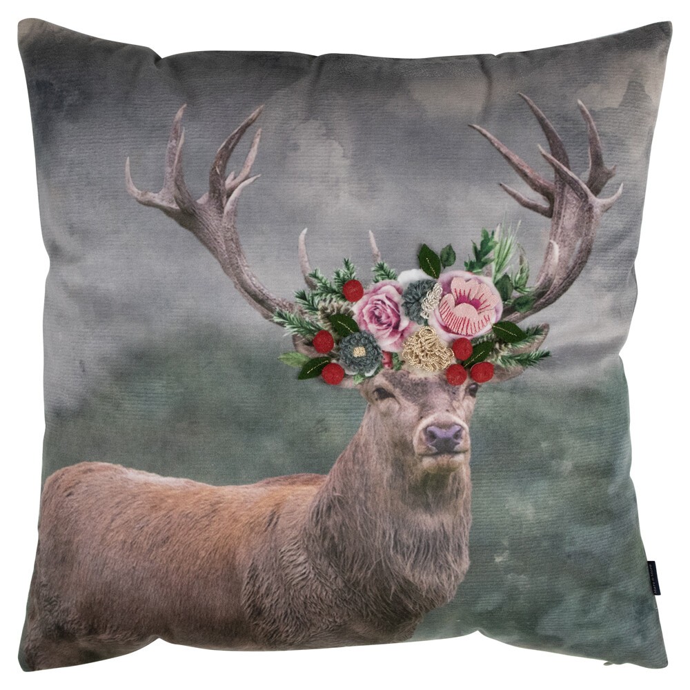 Šedý sametový polštář s jelenem Fleury Deer - 45*45*10cm