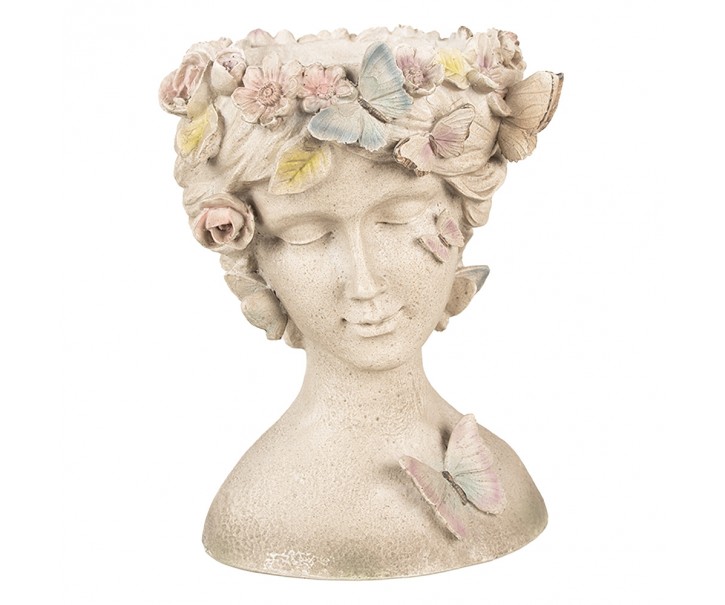 Šedý dekorativní květináč hlava ženy s květy a motýlky - 20*18*26 cm Clayre & Eef