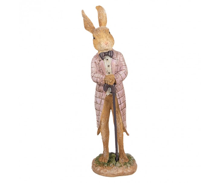 Dekorace králíček v růžovém kabátě s holí - 7*6*21 cm Clayre & Eef