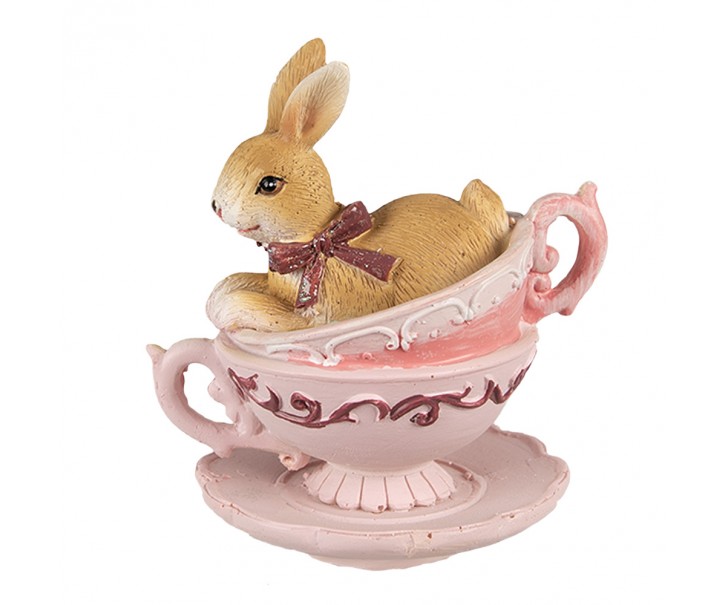 Dekorace socha králík v růžových šálcích - 9*7*9 cm Clayre & Eef