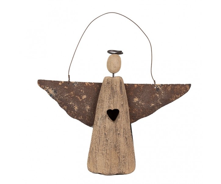 Dekorace závěsný dřevěný anděl Antique se srdíčkem - 8*2*14/18 cm Clayre & Eef