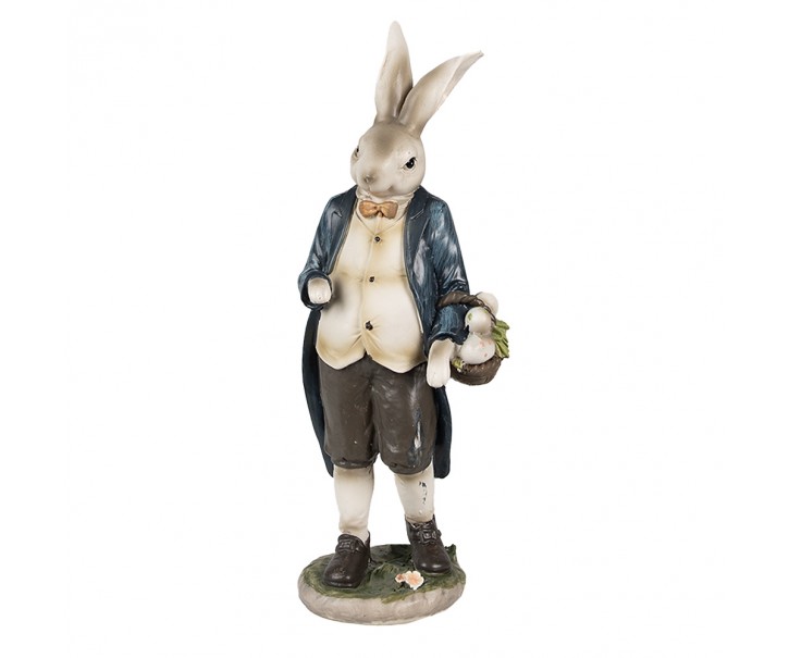 Dekorace králíček v modrém kabátě s košíkem vajíček - 9*7*25 cm Clayre & Eef
