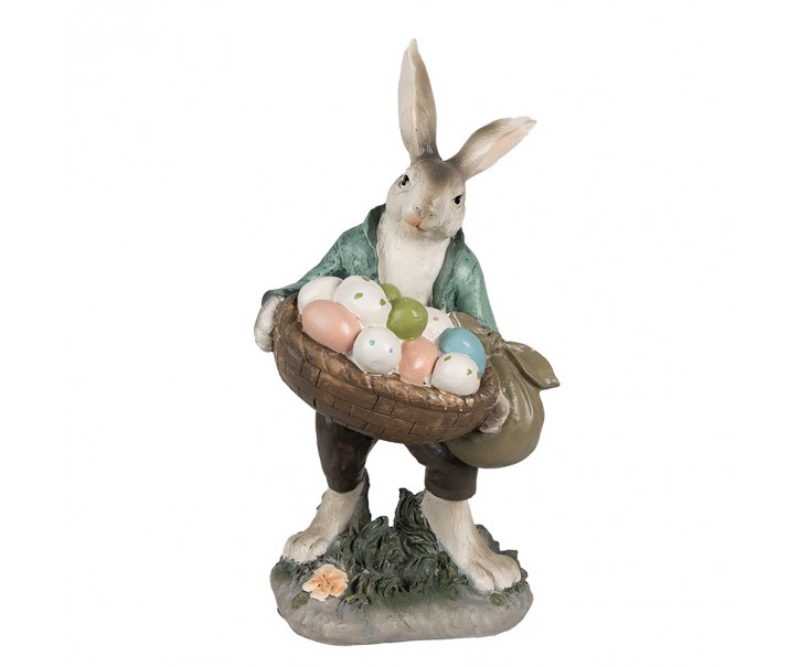 Dekorace králíček v zeleném kabátě s košem vajíček - 18*16*32 cm Clayre & Eef