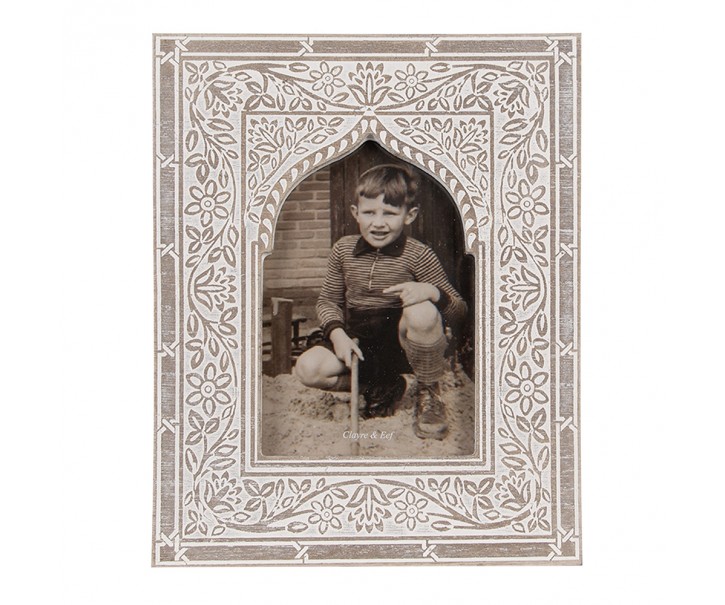 Bílo-hnědý dřevěný fotorámeček s květy - 18*1*23 cm / 10*15 cm Clayre & Eef