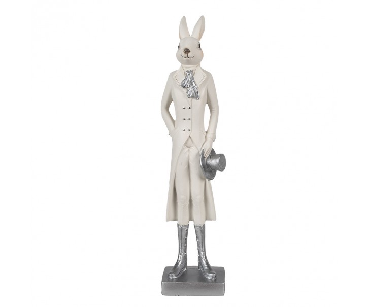 Bílá dekorace králík ve fraku a stříbrných botech držící klobouk - 9*7*34 cm Clayre & Eef