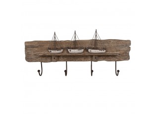 Hnědý antik dřevěný nástěnný věšák s loďkami Nauticco - 63*8*27 cm
