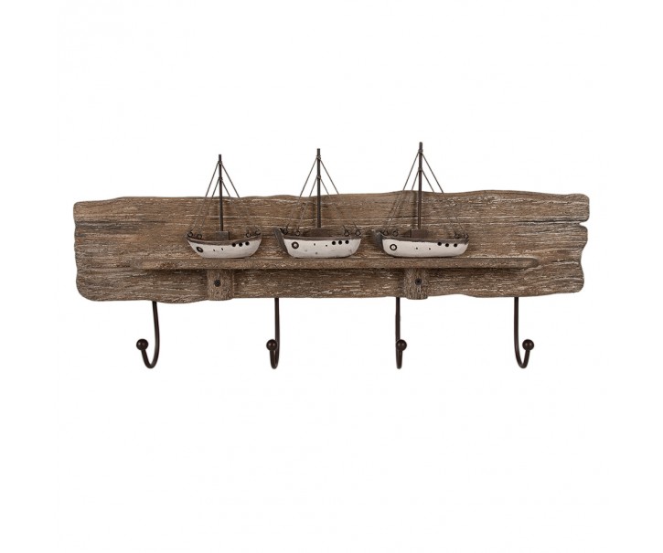 Hnědý antik dřevěný nástěnný věšák s loďkami - 63*8*27 cm Clayre & Eef