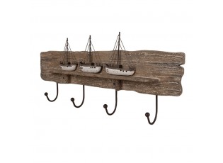Hnědý antik dřevěný nástěnný věšák s loďkami Nauticco - 63*8*27 cm