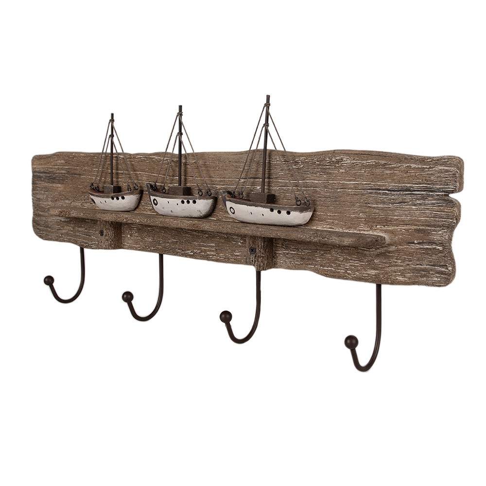 Hnědý antik dřevěný nástěnný věšák s loďkami Nauticco - 63*8*27 cm Clayre & Eef Hnědý antik dřevěný nástěnný věšák s loďkami Nauticco - 63*8*27 cm Clayre & Eef