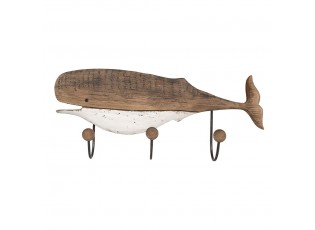 Hnědý antik dřevěný nástěnný věšák se 3-mi háčky Velryba Nauticco - 53*10*23 cm
